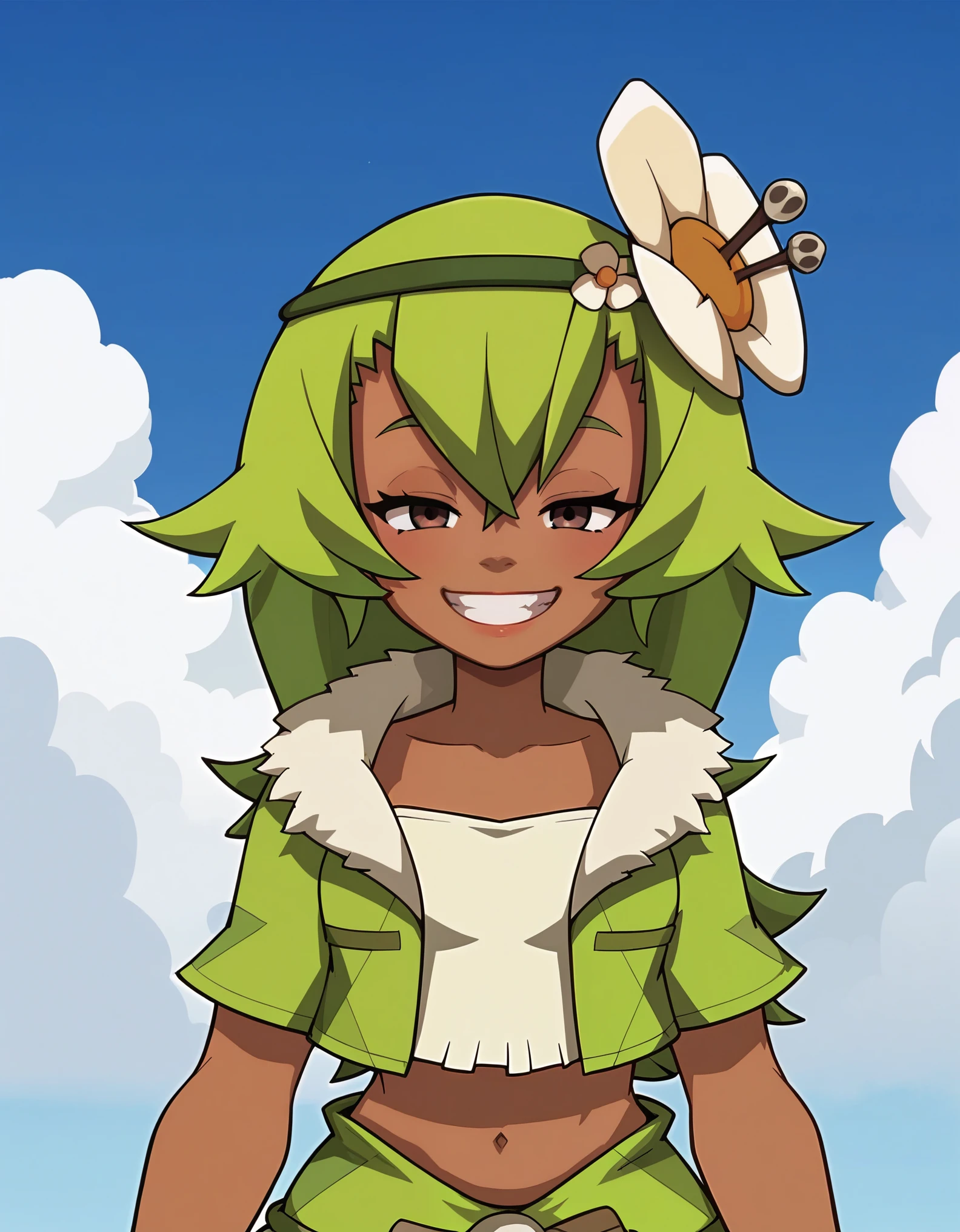 (score_9, score_8_up), score_7_up, score_6_up, anime screenshot, looking at viewer, clouds, 1girl, amalia sheran sharm, green hair, green hairband, hair ornament, hair flower, dark skin, brown eyes, fur-trimmed jacket, looking at viewer, grin, half-closed eyes, cowboy shot,