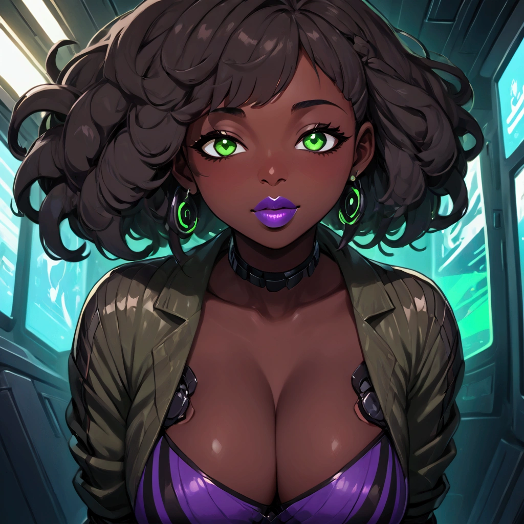 (1 girl:1.2), solo, (8k, 4k, intricate),(halfbody-shot:1), (highly detailed:1.2),(detailed background:1.2),((dark skin, beatiful face,plump lips, smiling)), ((big breasts,wide hips, thick thighs,))((sci-fi aesthetic, futuristic clothing, cyberpunk aesthetic))) ((alien green eyes, snake pupils, black sclera)) 3/4 pose, Image of a slim thick woman posing for a photo, cartoon drawing of a woman with curly hair and green eyes, with haunted eyes and curly hair, (dark shorter curly hair), plump lips, snake fangs, futuristic clothing, striped sweater((olive green and violet)) black sleeves[[[[grinning evily]]]], lowres, darksynth character portrait, digital art from danganronpa, portrait of ((mischievous)), character portrait of me character half body portrait, commission for high res, oc commission, anime vibes, cyberpunk art ultrarealistic 8k, cyberpunk style,