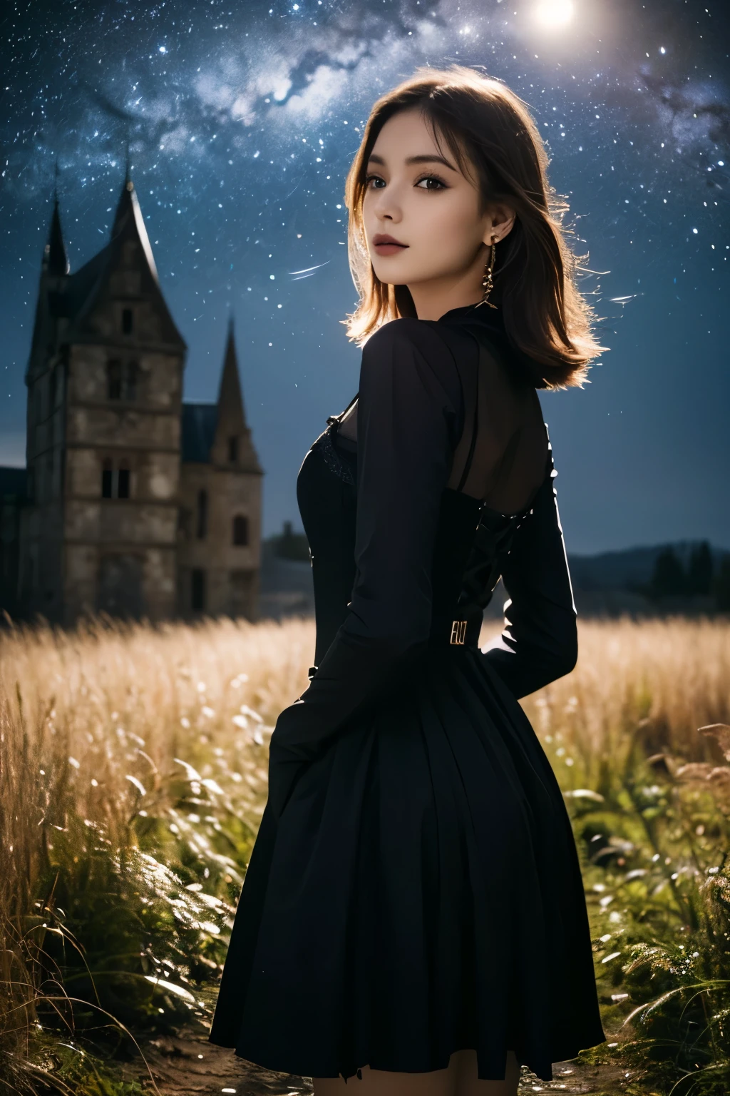 1 girl, (She is wearing a gothic black dress.:1.2), Very beautiful Japanese idol portraits, (RAW Photo Best Quality), (Realistic, Realistic:1.4), (masterpiece), 
Very delicate and beautiful, Very detailed, 2k wallpaper, wonderful, finely, Very detailed CG Unity 8K wallpaper, Very detailed, High resolution, Soft Light, 
Beautiful detailed girl, Very detailed目と顔, Beautiful and sophisticated nose, Beautiful beautiful eyes, Cinema Lighting, 
(She is standing in front of an abandoned medieval castle:1.3), (Night Sky, milky way), (Girl full body silhouette:1.2), (Dark screen:1.5), (Desolate landscape), (I am so lonely),
(Medium Hair), (Hair blowing in the wind), (from behind),
Perfect Anatomy, Slender body, Small breasts