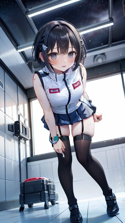 (Best Quality), (masterpiece), 1080P, High resolution, 4K, 8k, Inside the space station、Futuristic room、Thigh straps, Shooting from directly below, The woman on top of me, 白いsweat, Covered , sweat, Woman looking down, Skirt swimsuit, Thigh-high socks, To achieve this, , , whole body, Black leather shoes, Braided Hair, Inner Color, Embarrassed face, Short black hair, bracelet, bedroom,astrovest
