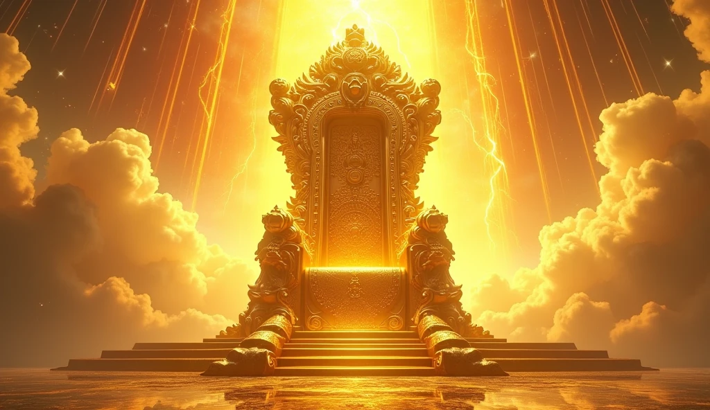 Big golden giant throne with lots of light and white thunder and lightning and sitting a very bright silhouette of a man with a transparent crown with lightning inside his body, with lots of bright light and great power, angels with lots of light around them serving, golden floor like crystal