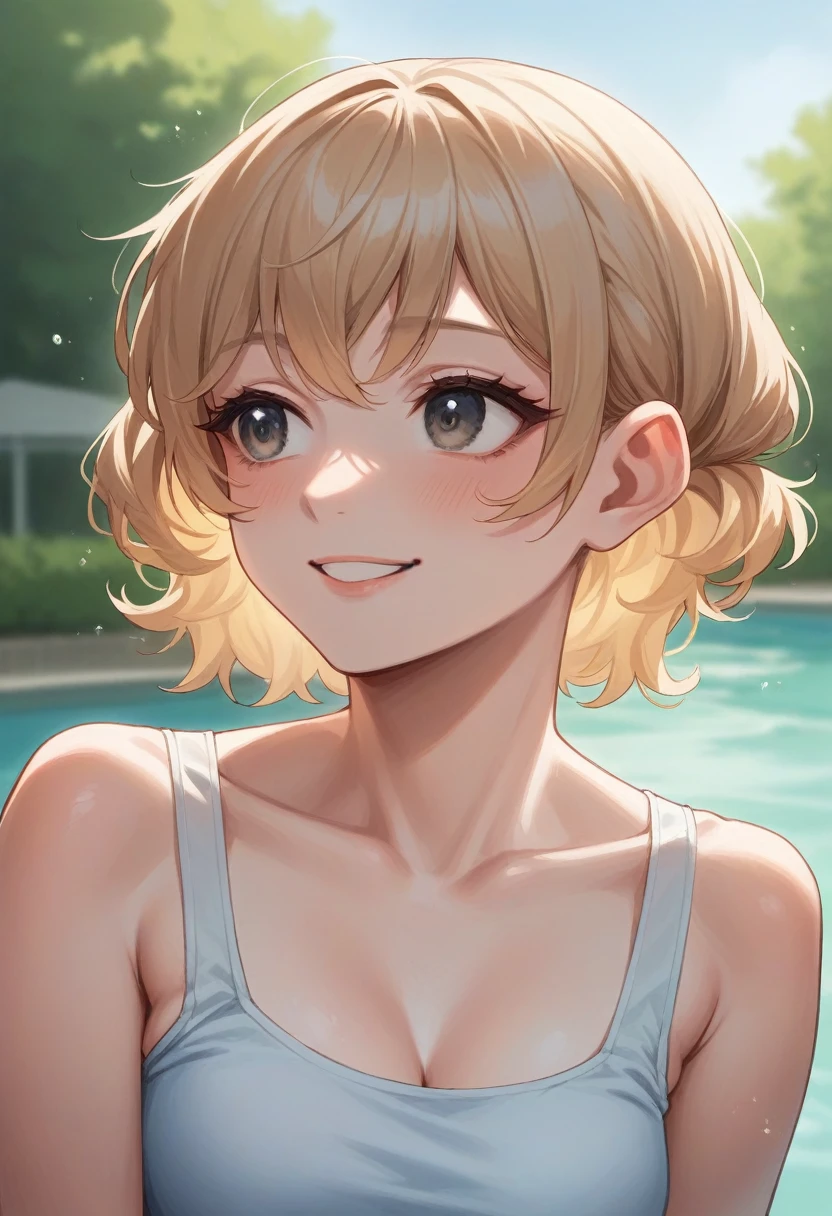 nsfw,(Petite),(A cute boy),blonde low twintails,Joyful expression,lips,(Camisole chest voyeur),Sweat,White Breath,On all fours,Audience peering from above