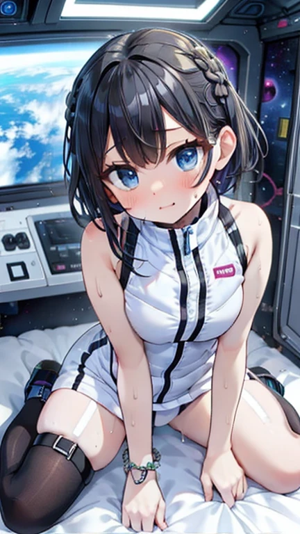 (Best Quality), (masterpiece), 1080P, High resolution, 4K, 8k, Inside the space station、Futuristic room、Thigh straps, Shooting from directly below, The woman on top of me, 白いsweat, Covered , sweat, Woman looking down, Skirt swimsuit, Thigh-high socks, To achieve this, , , whole body, Black leather shoes, Braided Hair, Inner Color, Embarrassed face, Short black hair, bracelet, bedroom,astrovest
