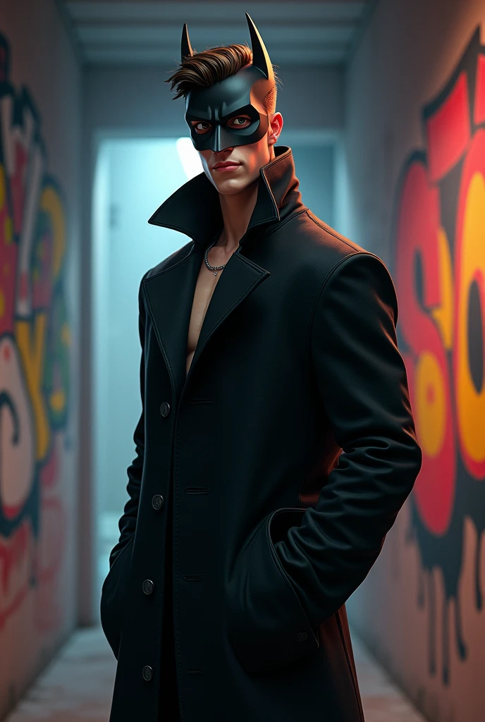 a handsome guy with a pompadour hair from anime, smile, clean shave, white hair, wearing a black plain loose long coat, eyes closed, blindfolded, modern black outfit, very handsome, standing pose, detailed face, detailed masculine body, (reality: 1.4), (A hyper-realistic), (high resolution), (8K), (highly detailed), ( Best Illustration), (eyes close), (ultra-detailliert), Bright lighting, Professional Lighting, The background is dirty wall with graffiti., floating lighting around.,