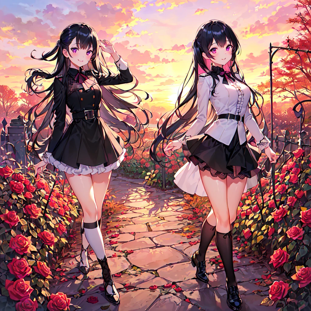 ((Biologically correct number of legs)),((Full-body photo including face)),4K,masterpiece,((Focus on the face)),((Symmetrical eyes)),Beautiful woman,Great style,Detailed depiction of the face,Small earrings,necklace,(Pink nurse,Niscart,((Black high heels and stockings)),Low angle photo,Panty shot,Petals scattered all around,Half Up,Ocean Background