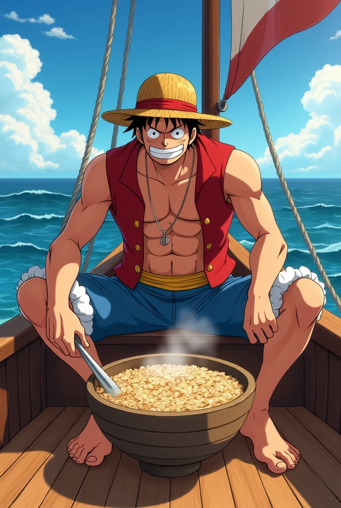 Aerial view and anime cartoon of Luffy's Monkey from the One Piece anime sitting on the end of his boat holding his straw hat that the wind is about to carry away and behind him is the sanji and Zoro standing smiling --auto --s2