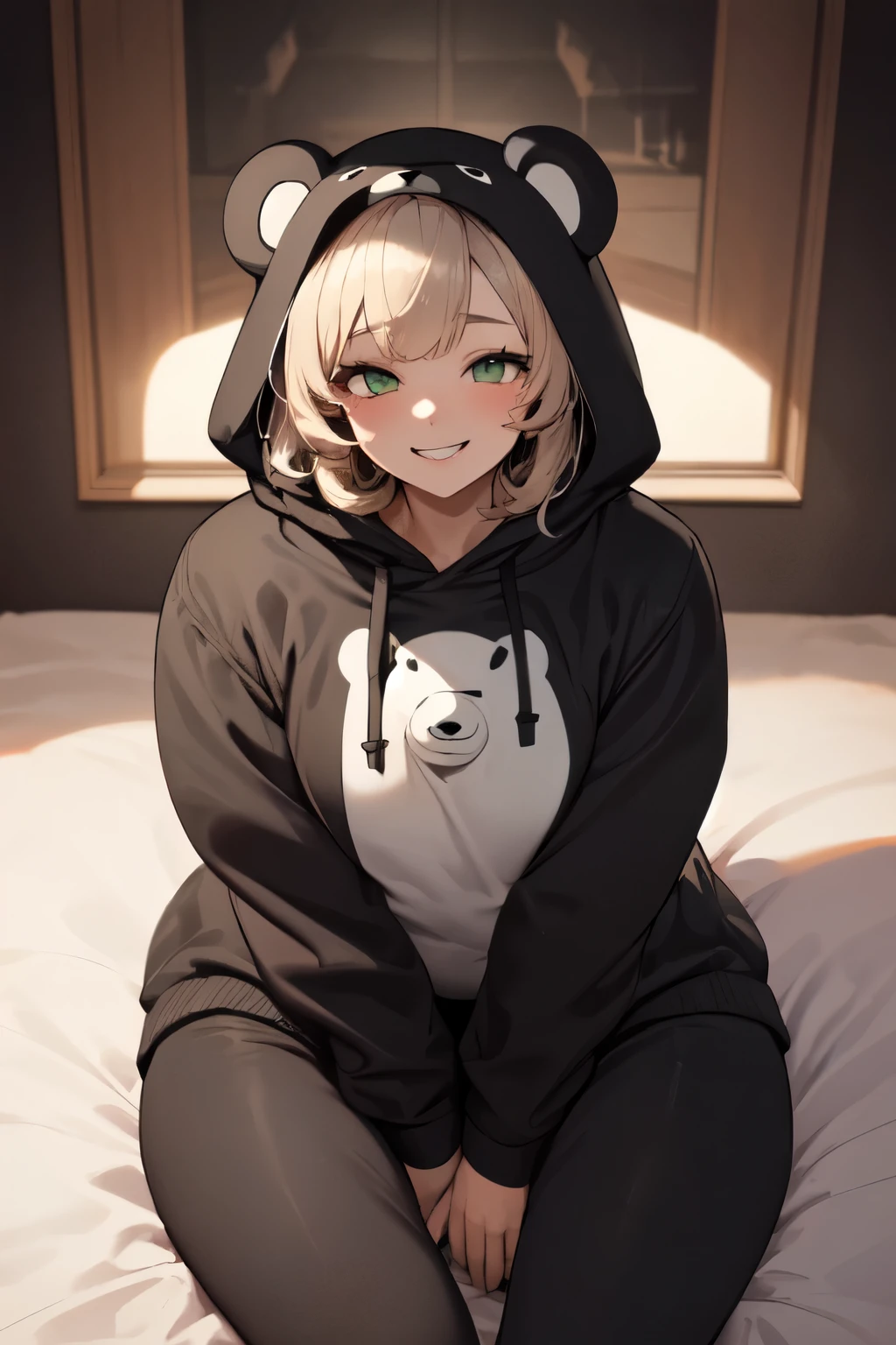 beautiful, (masterpiece), The best quality, (extremely detailed face), extremely detailed eyes,  perfect lighting, General detail, detailed, deep skin,Textured skin,
,Bear costume ,black Bear costume, long sleeves, hood up,,mauve , by the wide, green eyes, big smile,in bed ,Sitting between pillows,
,