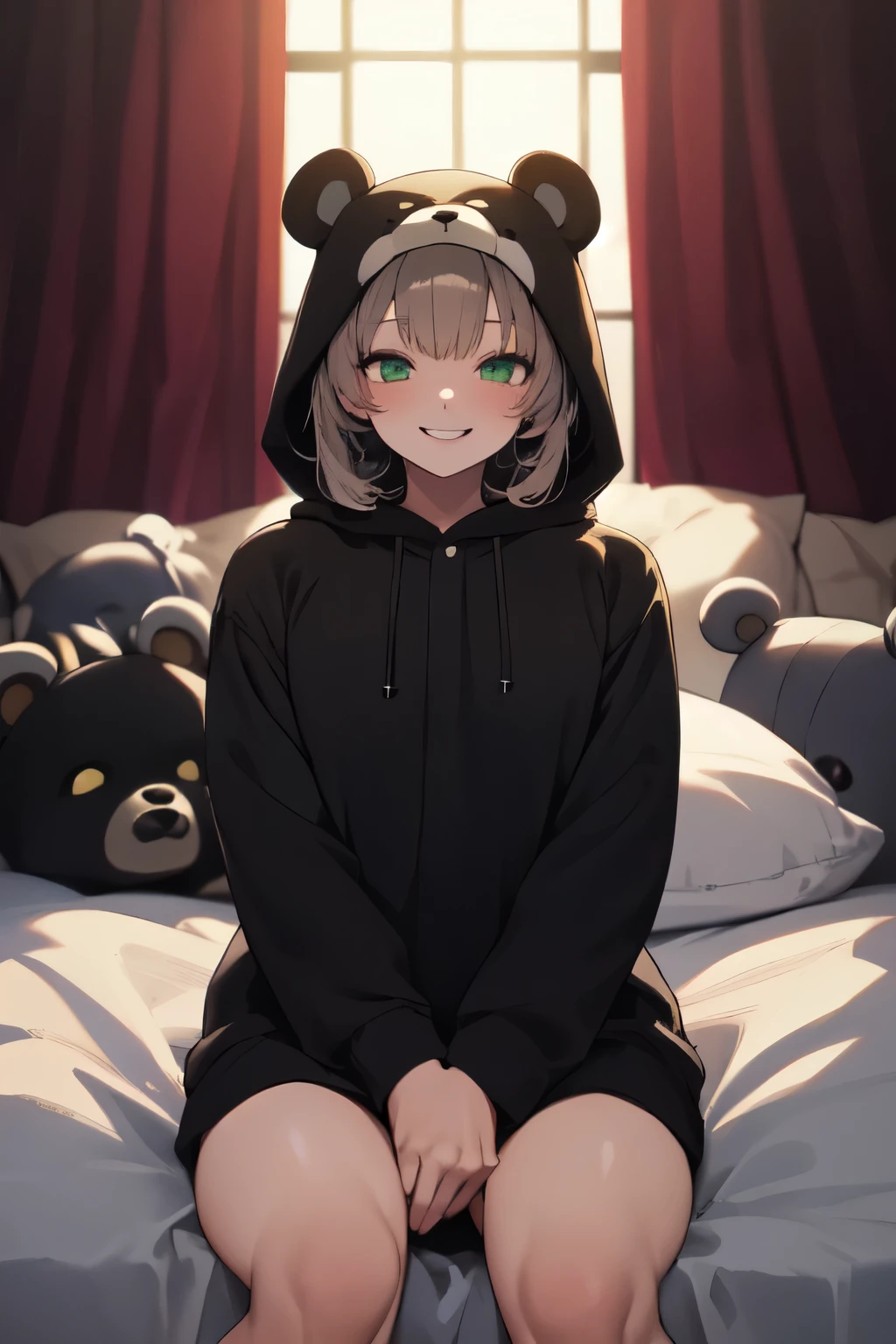 beautiful, (masterpiece), The best quality, (extremely detailed face), extremely detailed eyes,  perfect lighting, General detail, detailed, deep skin,Textured skin,
,Bear costume ,black Bear costume, long sleeves, hood up,,mauve , by the wide, green eyes, big smile,in bed ,Sitting between pillows,
,