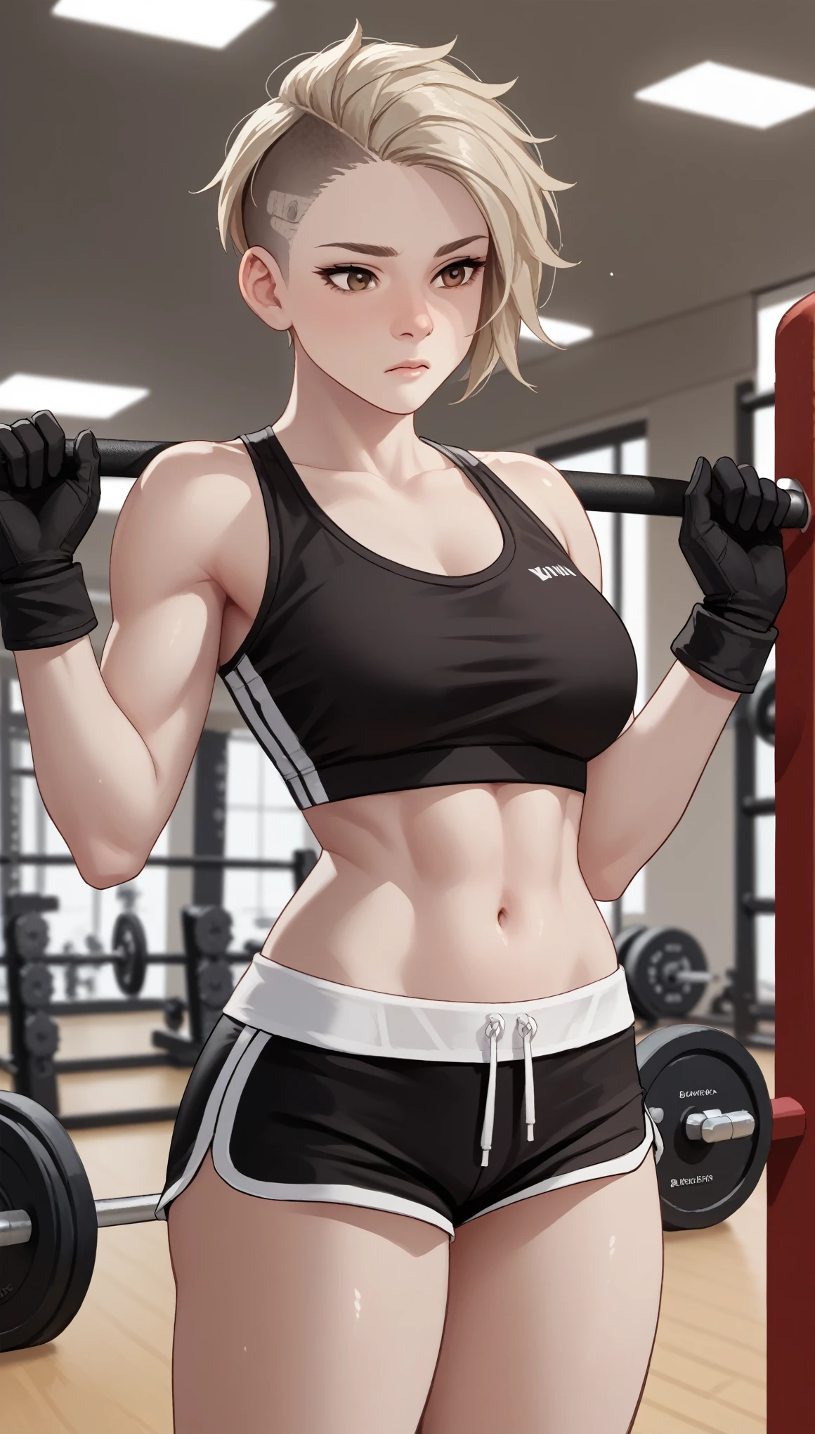 (zPDXL2), (PonyXLV6_Scores), source_anime, Expressiveh, solo, four-quarter portrait, BREAK

a tall female spotted hyena, brown snout, black nose, brown eyes, short spiked undercut platinum blonde hair, brown hyena ears, wearing black athletic top, black short shorts, wearing ufc black gloves, grabbing her wrist, standing, in a gym, 