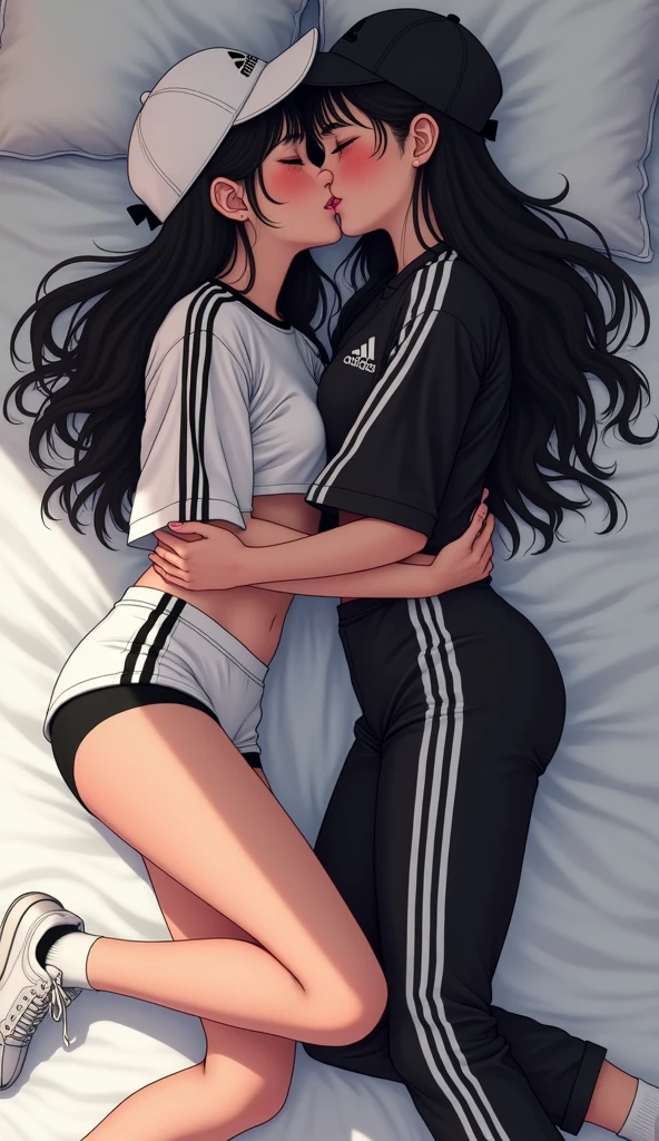 Two girls long black hairs, yuri
The first girl wear a white adidas polo shirt pink shirt collar pink sleeves, pink cap, pink adidas sweatpants with three white stripes, black underpants, medium white socks, pink adidas sneakers.
The second girl wore a white adidas polo shirt grey shirt collar grey sleeves, grey cap, grey adidas sweatpants with three white stripes, black underpants, medium white socks, grey adidas sneakers.
The hem of their adidas polo shirt was tucked into their sweatpants.
french kiss, lesbian kiss, hugging, hand on chest, sensual body, closed eyes, lying on the bed, novel cartoon, 4K, HD