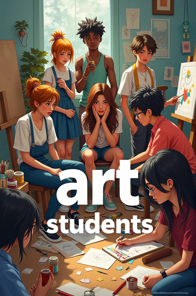 Art Classes、Nude drawing class、High school students、Male and female pair students modeling nude、Having sex、full view of the public、Easel、Classroom、Nude model close-up