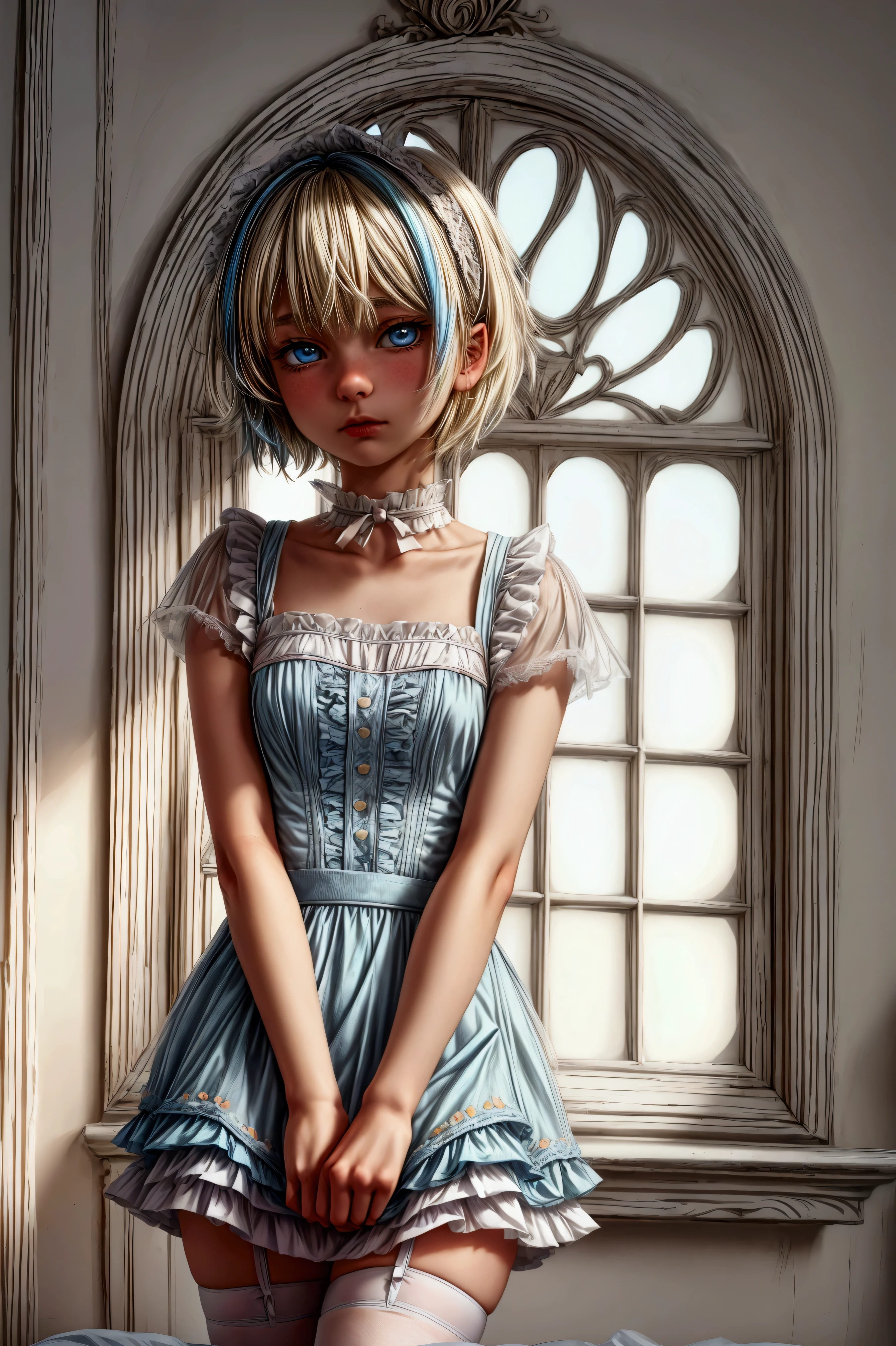 Anime style, Highres, Masterpiece, Best quality at best, Best Quality, hight quality, hight detailed, 1boy, blonde boy, boy face, boy body, cute boy, femboy, light blue eyes, short hair, messy hair, bangs, pastel rainbow inner hair color mesh, cute face, wears a pastel rainbow color frill dress, (white stockings), standing, indoor, intricate detail, sunlight, highest quality,