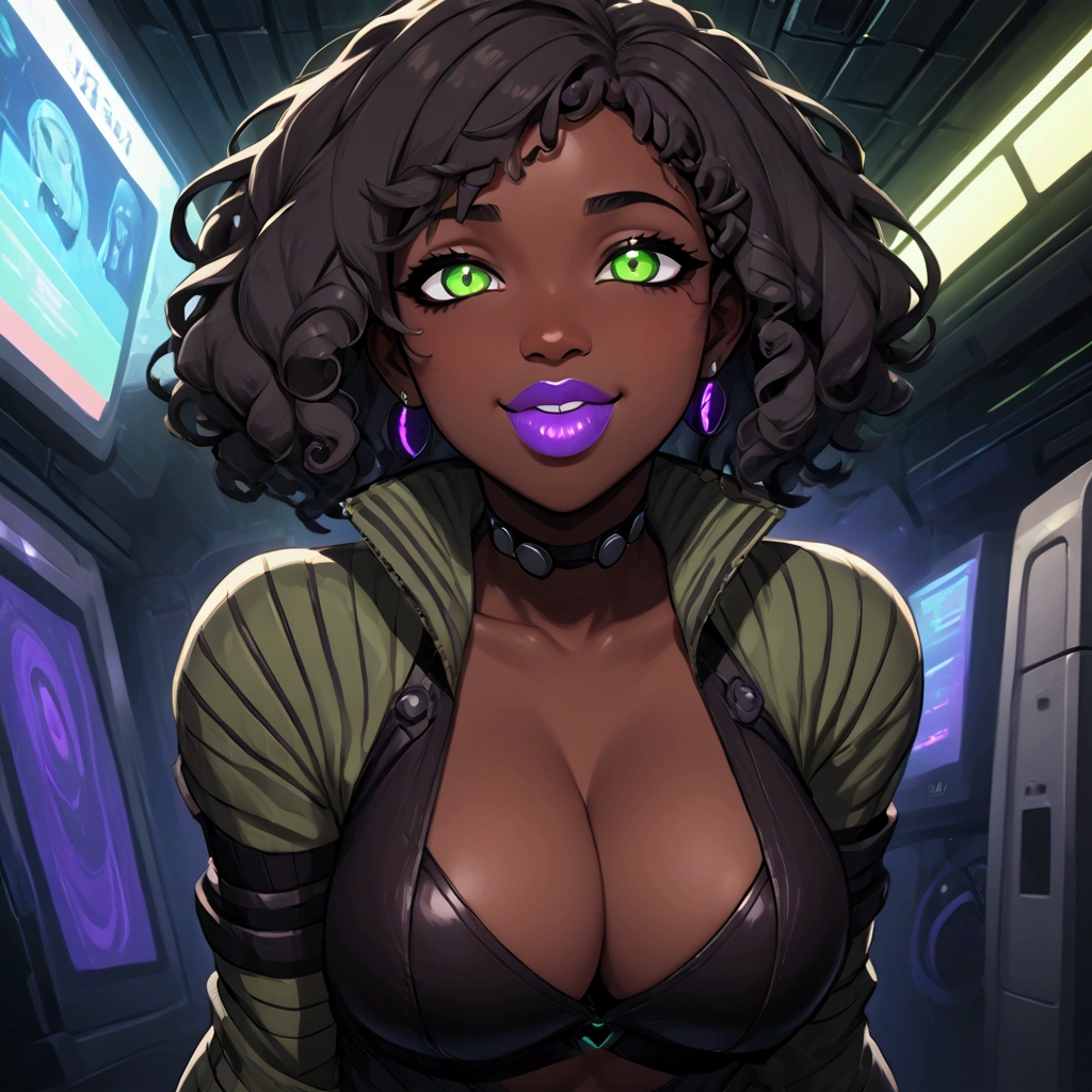 (1 girl:1.2), solo, (8k, 4k, intricate),(halfbody-shot:1), (highly detailed:1.2),(detailed background:1.2),((dark skin, beatiful face,plump lips, smiling)), ((big breasts,wide hips, thick thighs,))((sci-fi aesthetic, futuristic clothing, cyberpunk aesthetic))) ((alien green eyes, snake pupils, black sclera)) 3/4 pose, Image of a slim thick woman posing for a photo, cartoon drawing of a woman with curly hair and green eyes, with haunted eyes and curly hair, (dark shorter curly hair), plump lips, snake fangs, futuristic clothing, striped sweater((olive green and violet)) black sleeves[[[[grinning evily]]]], lowres, darksynth character portrait, digital art from danganronpa, portrait of ((mischievous)), character portrait of me character half body portrait, commission for high res, oc commission, anime vibes, cyberpunk art ultrarealistic 8k, cyberpunk style,