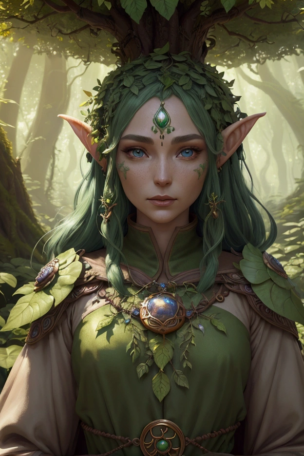 a beautiful young girl elf druid, delicate facial features, long pointed ears, flowing green hair, wearing intricate nature-inspired robes, standing in a lush green forest, sunlight filtering through the trees, magical glowing mushrooms and flora surrounding her, peaceful and serene atmosphere, (best quality,4k,8k,highres,masterpiece:1.2),ultra-detailed,(realistic,photorealistic,photo-realistic:1.37),detailed portrait, fantasy, hyperrealistic, cinematic lighting, vibrant colors, highly detailed, intricate details, comic style
