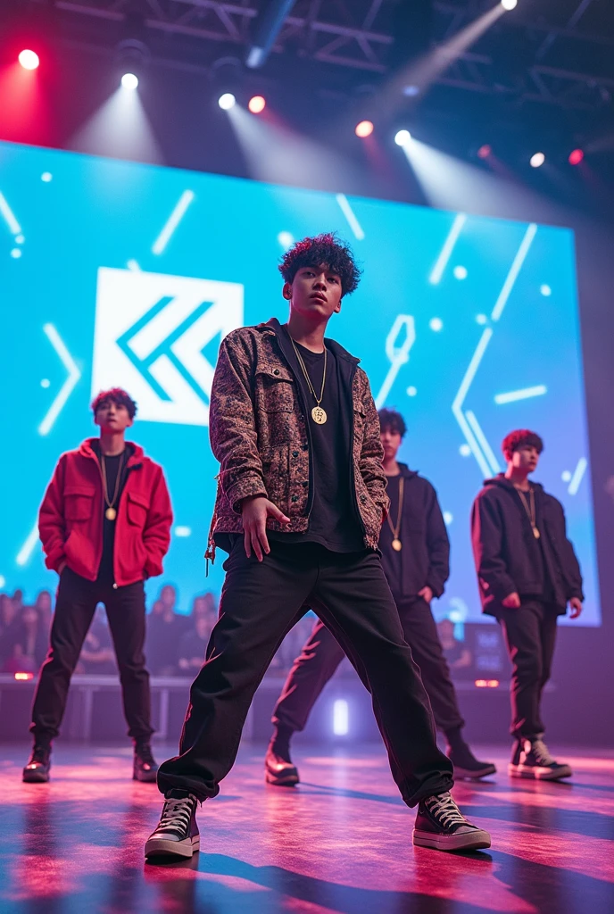 Three children standing on a stage covered by spotlights, huge stereos on both sides, spotlights on their heads, and a large audience in the audience hip hop style, kids, hip hop urban inspiration, kids a, kids, hip hop, wild style, music video, streetwear, new style urban style, h. u. d, boys, high quality], hip hop, hip hop, children, family, kanagawa style --auto --s2