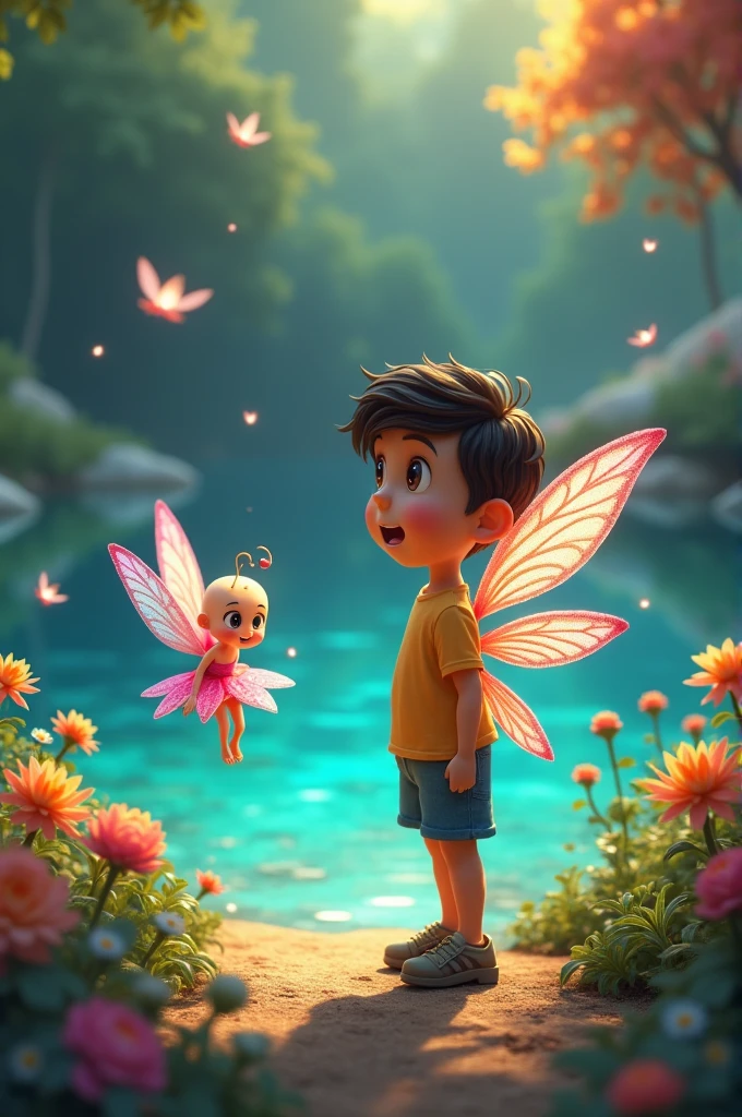 A tiny fairy with iridescent wings, hovering above a flower, talking to a surprised . The garden is filled with sparkling dust and magical light., purple theme