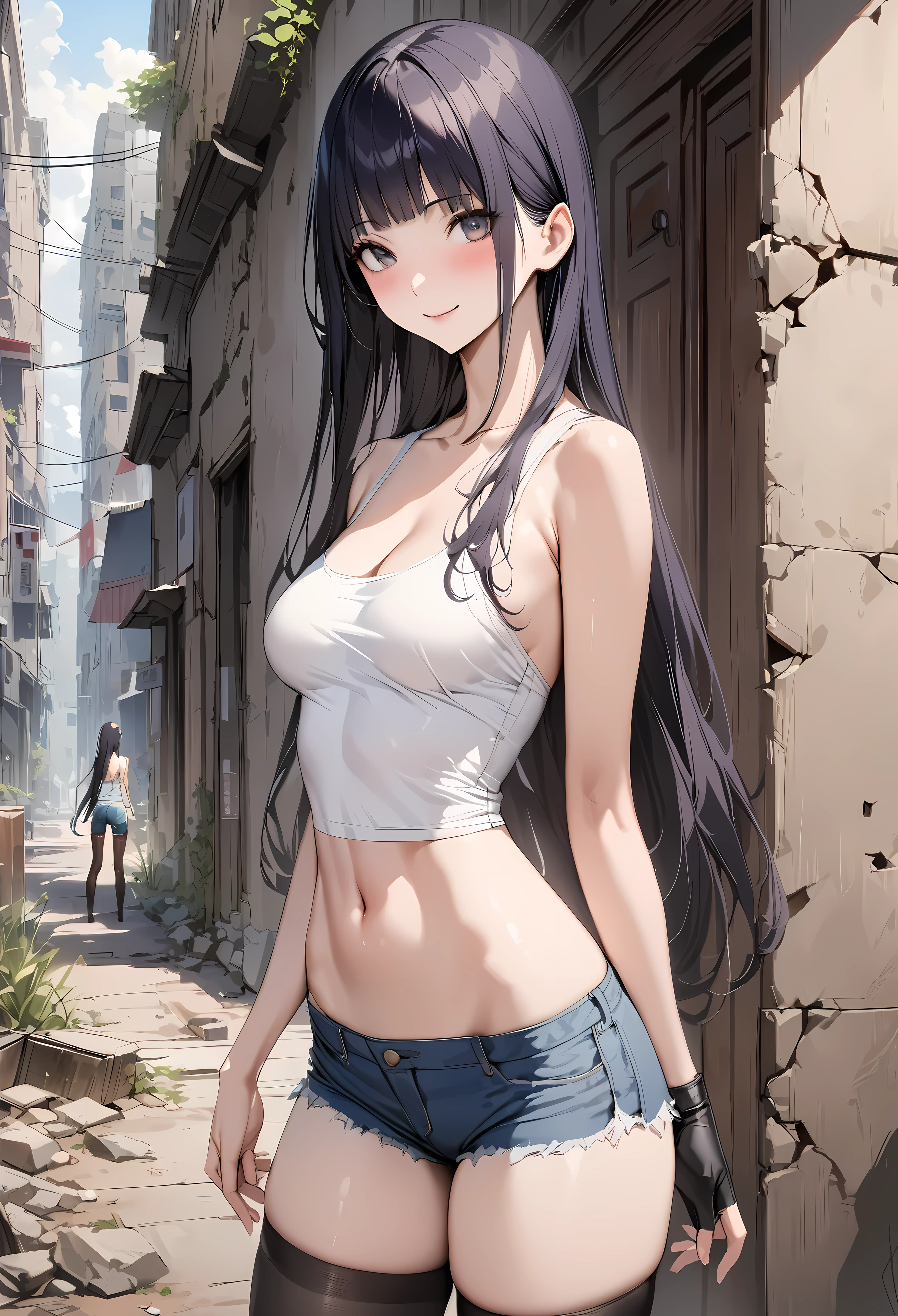 ((masterpiece,best quality anime:1.3,Best Quality)),realistic,cowboy shot,portrait,1woman,young adult,(dark blue hair),straight long hair,bangs,((very small head)),gray eyes,(gorgeous eyes),blush,smile,long body,medium breasts,(White tank top、Denim shorts、black_thighhighs、Black fingerless gloves)、(slender body,toned body),standing,on street,ruins、Ruined City、