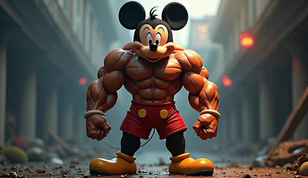 extremadamente detallado, calidad ultra-alta, un poderoso y (((musculoso))) Mickey Mouse with conceited and smug expression, who has large muscles, Huge muscles, rudo, amenzante, cara endemoniada de mickey, cara de locura