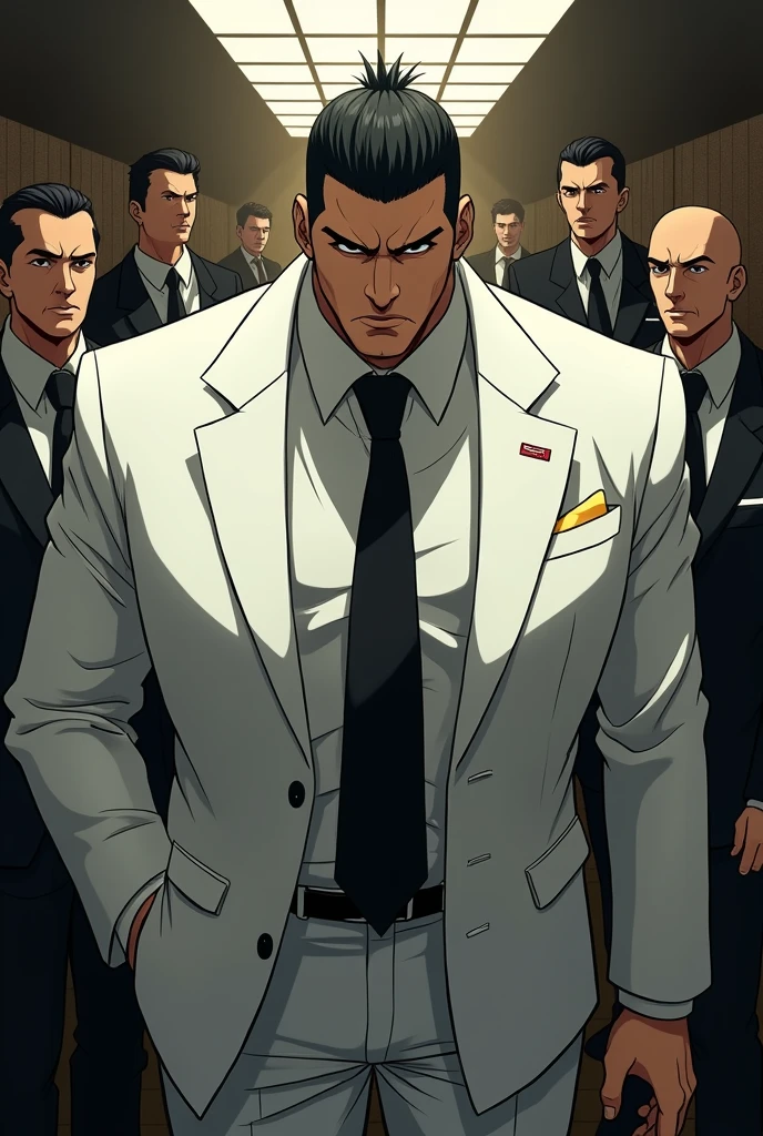 Several characters on the scene (a doctor, several muscular men). A doctor, exaggeratedly muscular, black and white hair, black eyes, scars across his mouth, swollen lips, masculine face, maniacal smile, obscene expression, sweaty, oily skin, huge chest, muscular thighs, huge biceps, wearing a white medical coat, rectangular glasses, black dress pants (fitting), black dress shoes. The doctor is in a dirty asylum (walls stained red), with several Zombie (muscular) men, naked backs, obscene expressions, caressing themselves in a sexy way.
