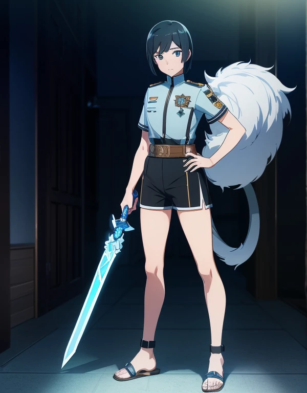 Young boy with black hair and brown eyes , shout., innocent and happy, Dressed in European Imperial Guard, neon blue short, leather shorts, Light blue battle armor with a lion emblem ,fox on top of him eidolon,novato,Recruit, brandishing a silver sword and shield, Sandals; full body; short hair, youth athletic, sexy, medieval background accompanied by athletic girl 20 years old,beautiful,Gracious is always on top of him like an older sister, moody,aspiring officer,castle hallway, training yard light. modern.