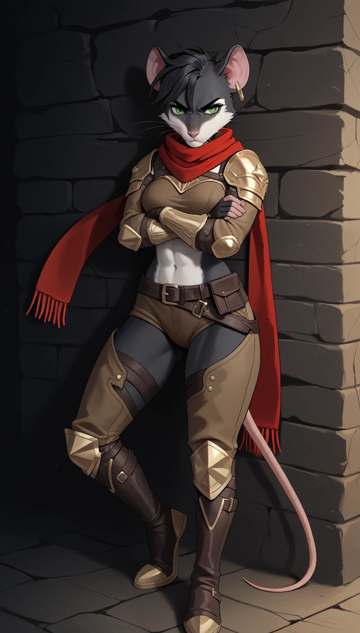 (zPDXL2), (PonyXLV6_Scores), source_anime, source_anthro, source_furry, rating_explicit, duo, Expressiveh, four-quarter portrait, BREAK
cinematic lighting, anthro all black rat, all black fur, bandit, thief, brown leather armor, red scarf, short black hair, windswept hairstyle, green eyes, athletic physique, wide hips, medium breasts, glare, serious expression, one leg up, gold earring, exposed midriff, exposed thighs, crossed arms, leaning against wall, cave, hideout