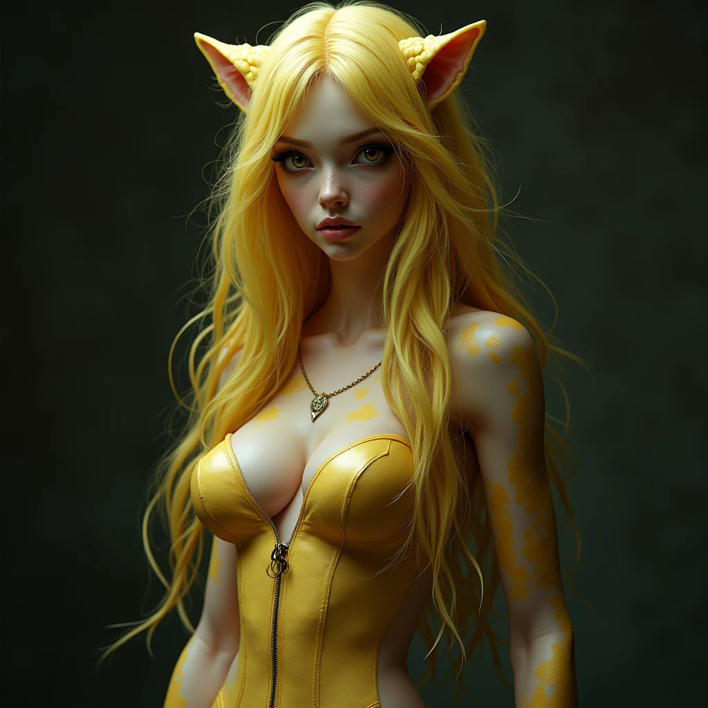 Sexy female elf. Teenage blond hair, fair and smooth skin. Green eyes. Piercings, golden earing with green jewel. Yellow and black spandex unitard with tight spandex black shorts. Big tits