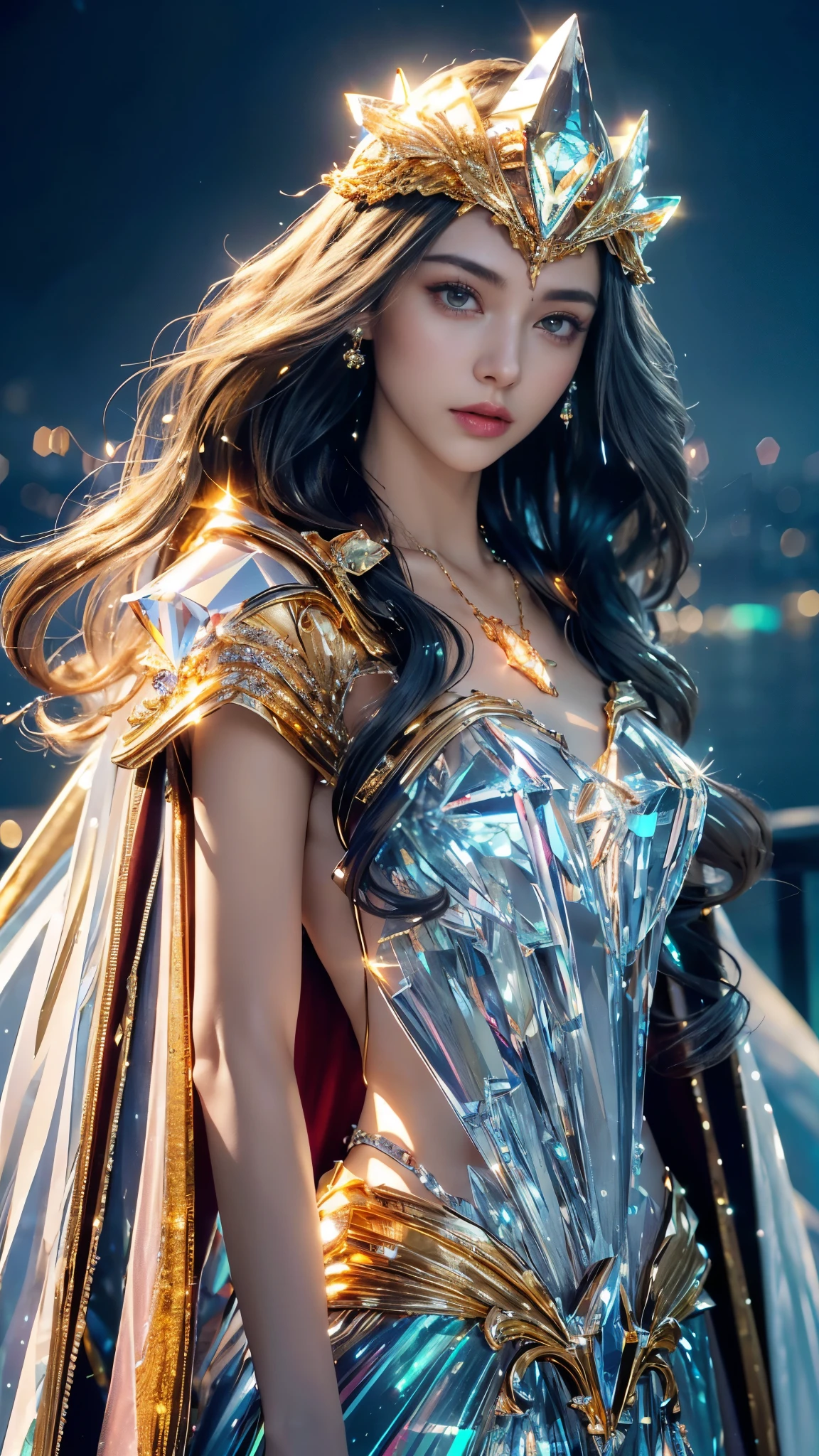 4k, UHD, masterpiece, 1 girl, good face, ((detailed eyes)), very long hair, impressive hairstyle, perfect brasts, fantasy clothing, golden clothing, (strips:1.3), night city, building, lamps, depth of field, reflection light, ((sparkle)), chromatic aberration,