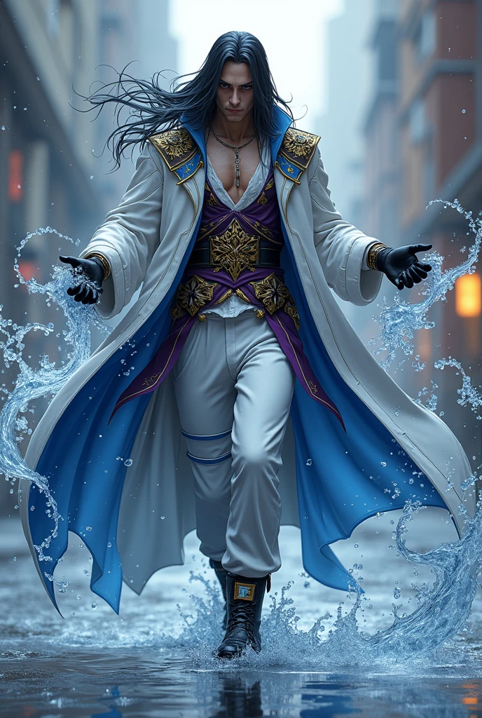 Solo character, full body version, old man, black eyes, black hair, Curly hairstyle, sunglasses, casual clothing, topless, white boots, detailed shadow, (one piece style art), indoor room cathedral, ice room, ice floor, Nitrogen smoke, glow ice effect, standing gesture, hand ice, glow effect, muscle, angry, angry mouth
