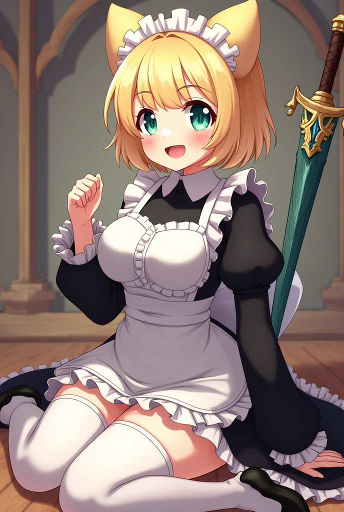 igawa, huge breasts, flipped hair, hair between eyes, blue eyes, blonde hair, maid,cowboy shot, standing, looking at viewer, mansion,indoor, night,happy,grin,skirt lift,lace panties,garter straps,blush,shy,flat color