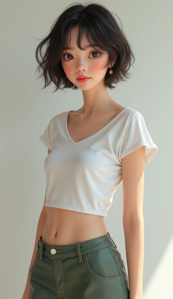 A pure beauty,Star face,High mode,realisticlying,prette,masterpaintings,beatifull,photorealestic,Cinematic lighting effects,Fresh casual style,Cotton skinny short-sleeved T-shirt+pleatedskirt,((Pick dyeing)),White canvas shoes,Simple necklace,16k,Best picture quality,((C4D modeling)),(CR rendering)