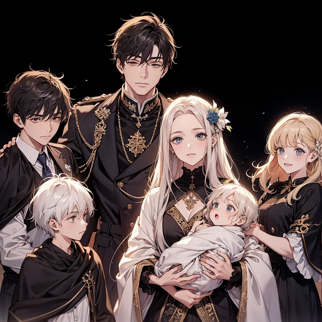 Wife, husband, daughter and 、(((Women are1peopleだけ)))((best quality)), ((masterpiece)), (detailed), perfect face、Women areマジカルプリンセス、Holding and breastfeeding a babyrings、Bracelet、necklace、Engagement Rings、Blonde、Feather hair ornament、Luxury accessories、Gorgeous tiara、Gold embroidery、(Black Veil)、The Demon Queen's Crown、(black luxury dress)、Women are大魔王妃、Women are1people、((Cuddling with a man))、Stay close to your husband、Family photo、(((45With her husband of years18Year Wife、5Year-old daughter and baby)))、ly Harmony、Marital harmony、((45Toshio is the Great Demon King))、((5歳の少Women are娘))