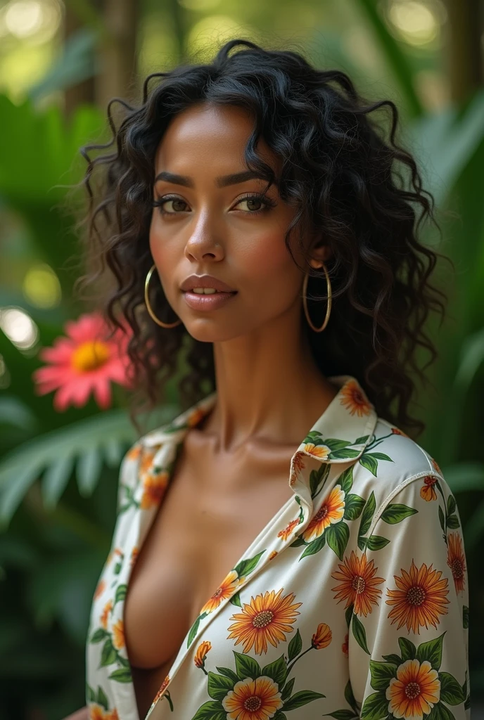 A Brazilian woman in a lush tropical garden, wearing an open shirt with a floral print, with a close-up capturing the harmonious beauty between her breasts and the natural flowers, showing off her natural charm and extroverted personality