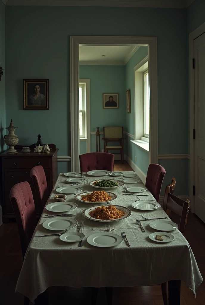 ral-mold christmas dinner on the table, ral-mold abandoned room in the background, <lora:ral-mold:1.3>