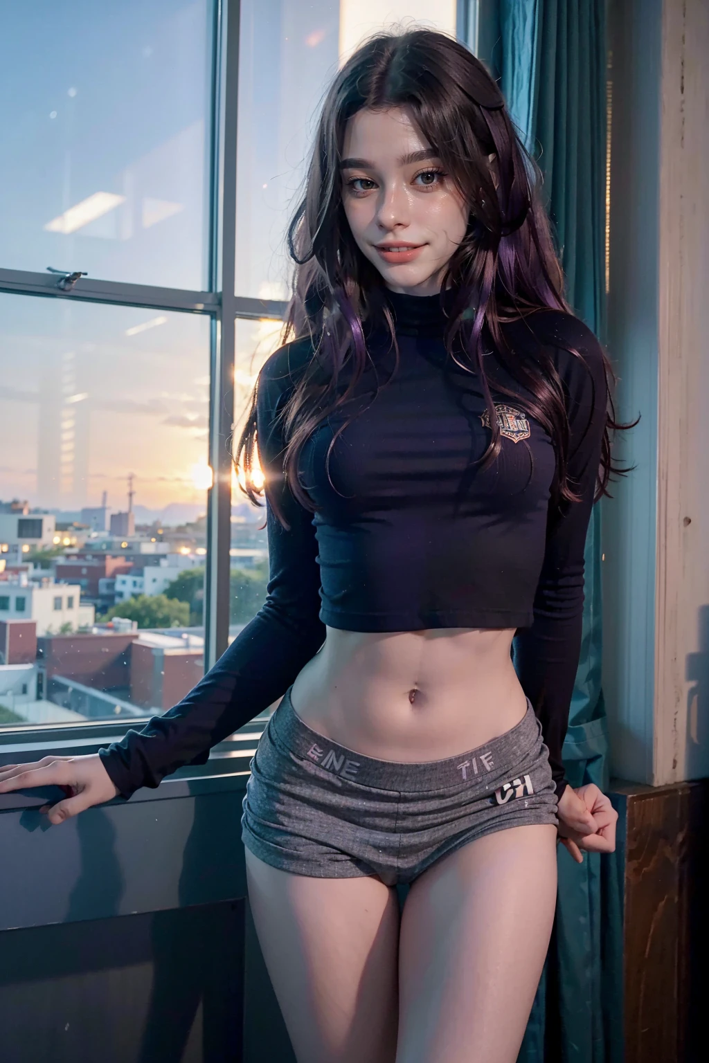 (1 lady), (Best quality at best:1.4), (ultra - detailed), (extremely detailed CG unified 16k), A Beautiful Woman with Perfect Figure: 1.4, Sharp Focus: 1.2, very detailed, High-definition RAW color photo, professional photoshooting, amazing face and eyes, (amazingly beautiful girl), ((masterpiece)), realistic cinematic face, head to feet long wide zoomed out view, full body long view, photorealistic, ((highres)), ((detailed background)), solo, gym woman body, natural lighting, sunset, (ichinose kotomi), gorgeous, extremely beautiful face, perfect model beauty, Highly Detailed Face and Skin Texture, Detailed Eyes, Double Eyelids, ((exact clothes: CLANNAD uniform, skirt, blazer)), ((realistic natural purple hair style, purple eyes, long hair, hair ornaments)) RAW UHD 8k photography, tarankaaa, not Dasha Taran, library background, extremely detailed, blurred background, depth of field, cinematic lighting, amazing legs, high heels, clear and well-cared skin, athletic, big proportions body, looking at viewer, from behind