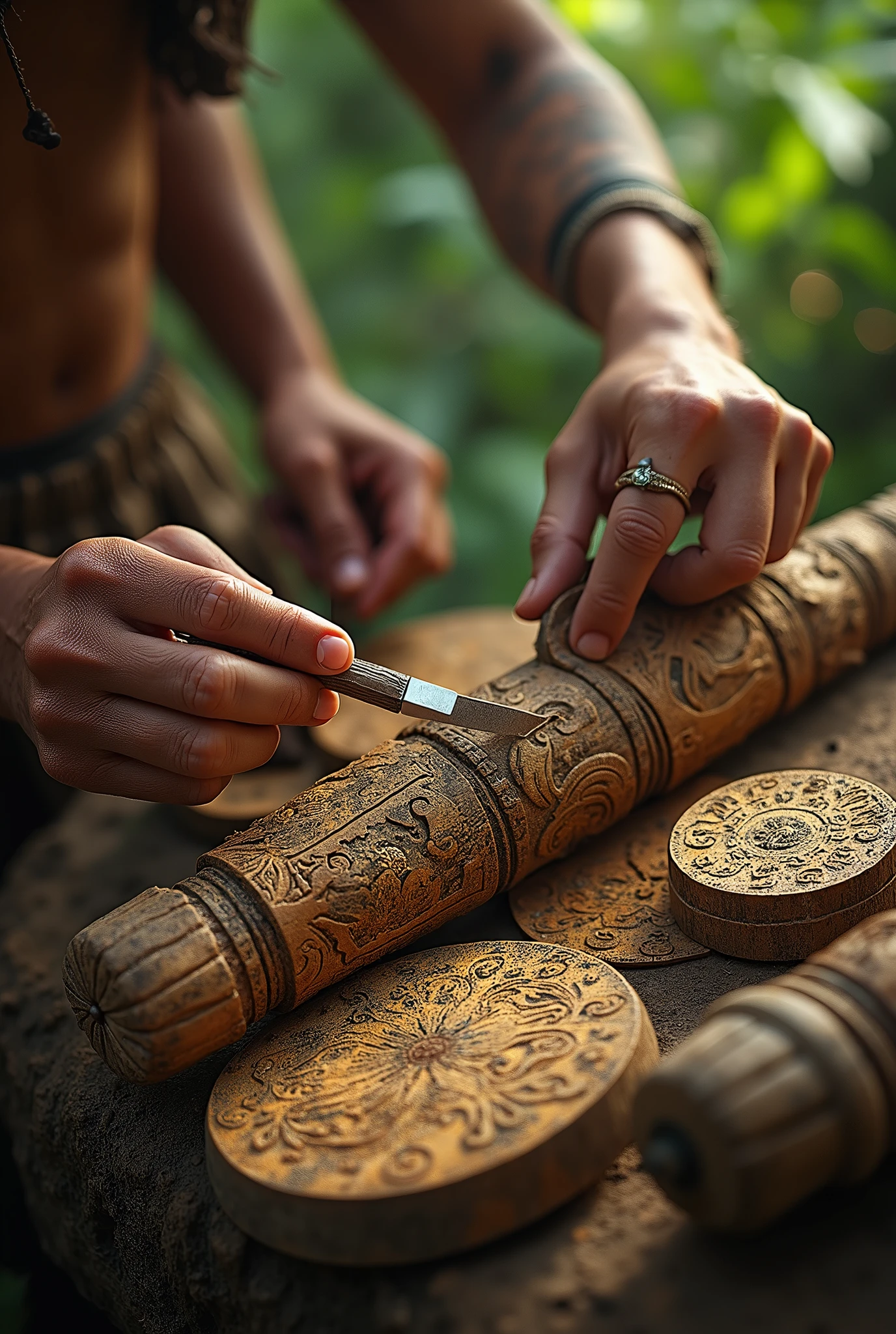 ((Intricate details))), (((highest quality))), (((extreme attention to detail))), (((complex composition))). African god, king of fire warriors, in his hands an ax with two blades, finely crafted despite the rustic and suspenseful atmosphere. attack position in a violent war, Incorporate a dark color palette with subtle touches of red to highlight key features. Calls around your body Emulate the mysterious atmosphere of cinematic light.