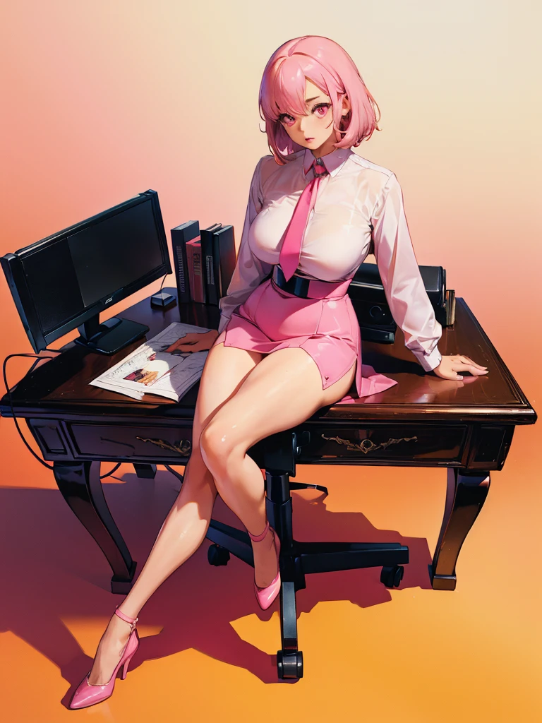 (best quality, masterpiece:1.2), illustration by hajime sorayama, perfect body, hyperfeminine curves, 1 woman, pink hair, bangs, pink eyes, (((tanned))), high fashion, elegant, stockings, office outfit, office uniform, solo