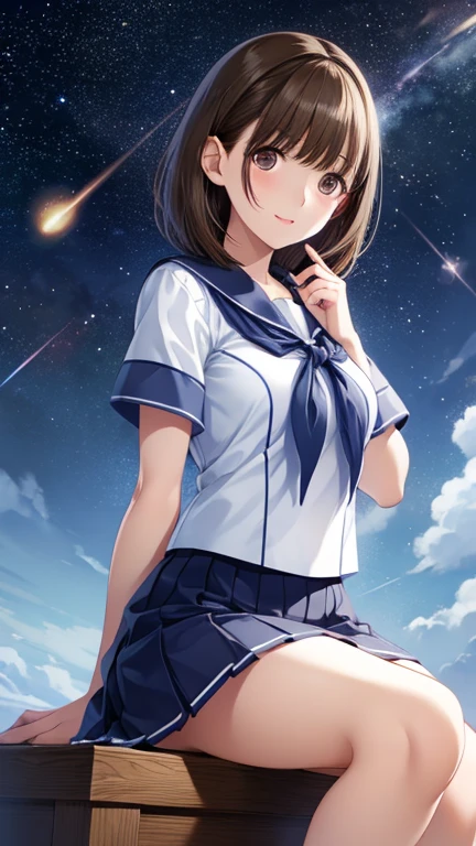 anegasaki nene、Shiny brown hair, short hair, (Beautiful brown eyes、Sparkling eyes, Fine grain)、smile、Ultra-detailed eyes、Highly detailed face, Highly detailed eyes,
Short-sleeved white sailor suit、Navy blue mini pleated skirt、Very short mini skirt、Bare thighs、
Highest quality,masterpiece, High resolution, 8k, Detailed Background、Beautiful teenage girl、(1 female),Cute hairstyle、ponytail、Cute hair color、Perfect body、(Bright light blue pleated skirt)、Knee-high socks、Thick thighs、Sitting、sexual expression、Roll up your skirt to show your underwear、Panty shot、Panty shot