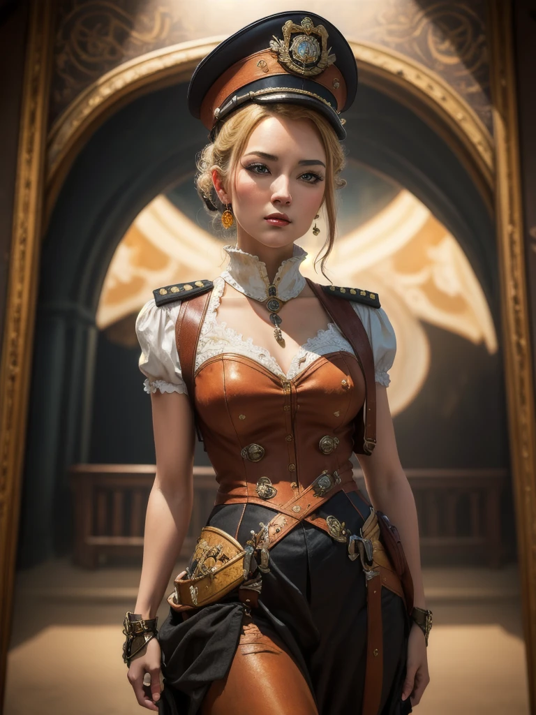 She is Admiral from naval army, century XIX, ((Best quality)), ((masterpiece)), (highly detailed:1.3), Depth-of-field, Multi-layered textures, HDR (High Dynamic Range), Ray Tracing, NVIDIA RTX, Unreal 5, Subsurface scattering, PBR Texturing, Post-processing, Anisotropic Filtering, Maximum clarity and sharpness, Wide aperture, Low ISO, White balance, Rule of thirds, 8K RAW, art, neoclassical painting, mural, Venetian painting style, oil painting, steampunk style,