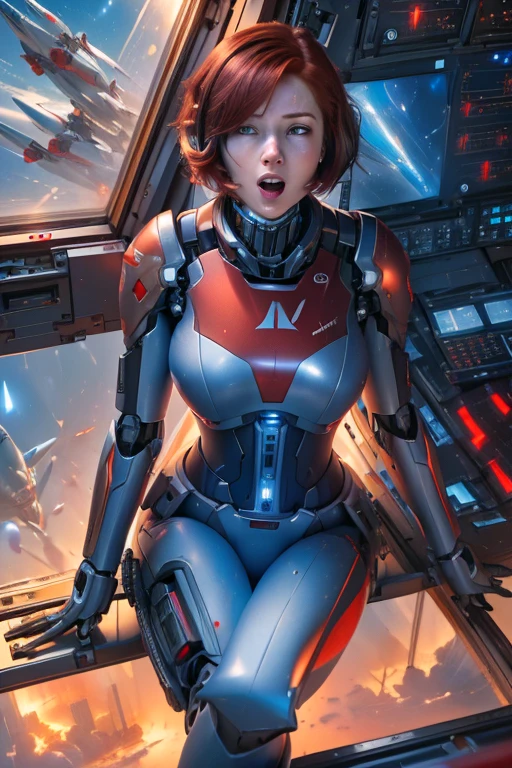 absurd resolution, High resolution, (masterpiece: 1.4), hyperrealistic, 1 young woman, short red hair, pilot suit, rich princess, Sitting in an extremely cramped and closed mecha control room, scared expression crying open mouth calling (1.3), in the sky