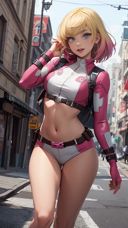 (Highly quality, masterpiece, detailed), city detailed scenario, city detailed background, solo, gwenpool, blonde hair, multi colored hair, 1woman, crop top, two-tone, navel, happy, perfect face, beautiful eyes, look at the viewer, Sexy pose