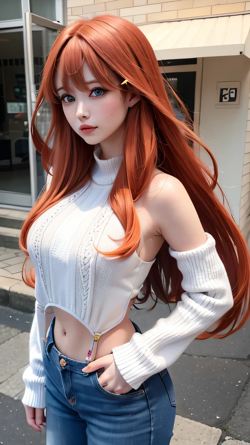 realistic, 1girls, Itsuki Nakano, best quality, 12k, HD, long hair, big round breasts, cleavage, a pair of star-shaped hairpins near both of her eyes, shorts, slim hips, hair band, dark blue eyes, reddish-orange hair, super detailed, Eye details , hair details, person details, mouth details, face details, breast details, clothes details, hair details, pants details, hand details, whole body