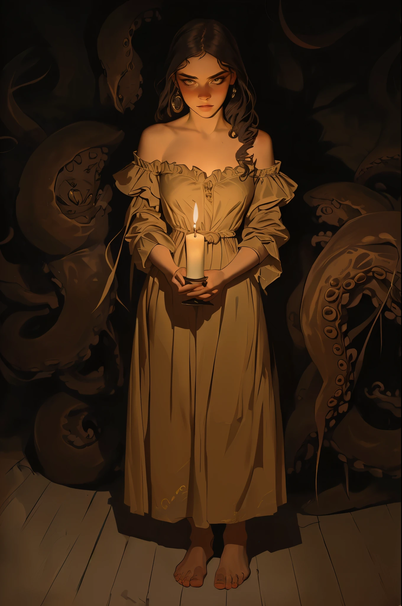 a barefooted confused looking attractive nude woman from 17th century France, she peers at something in front of her while holding a candle in her hand, full body shot, baroque, highly detailed cinematic illustration, black outlining, full color illustration, vivid colors, she stands in the darkness illuminated by the candle, in the background are demonic octopus tentacles threatening her though she is unaware of it, horror vibes