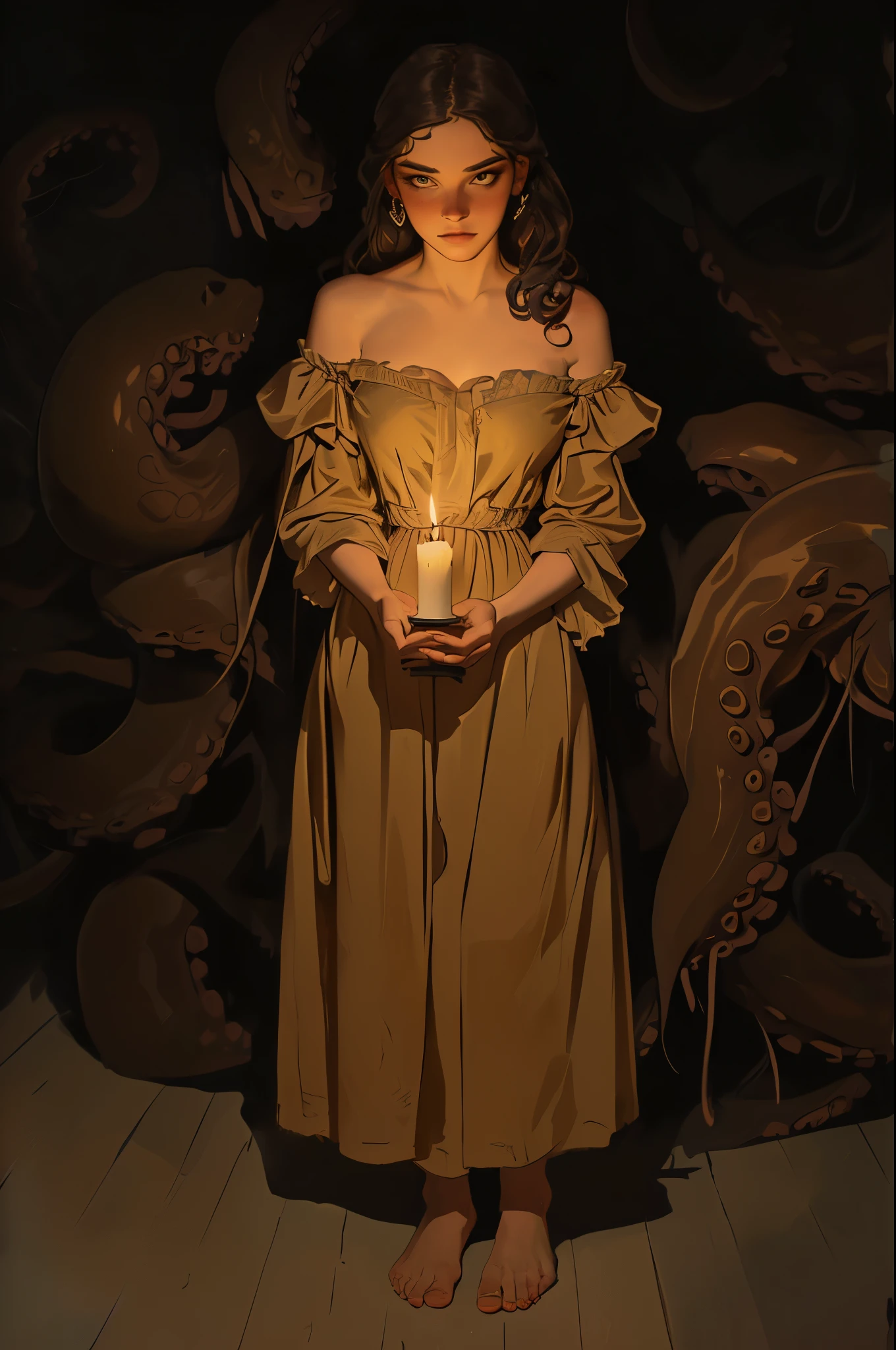 a barefooted confused looking attractive nude woman from 17th century France, she peers at something in front of her while holding a candle in her hand, full body shot, baroque, highly detailed cinematic illustration, black outlining, full color illustration, vivid colors, she stands in the darkness illuminated by the candle, in the background are demonic octopus tentacles threatening her though she is unaware of it, horror vibes