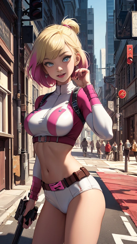 (Highly quality, masterpiece, detailed), city detailed scenario, city detailed background, solo, gwenpool, blonde hair, multi colored hair, 1woman, crop top, two-tone, navel, happy, perfect face, beautiful eyes, look at the viewer, Sexy pose