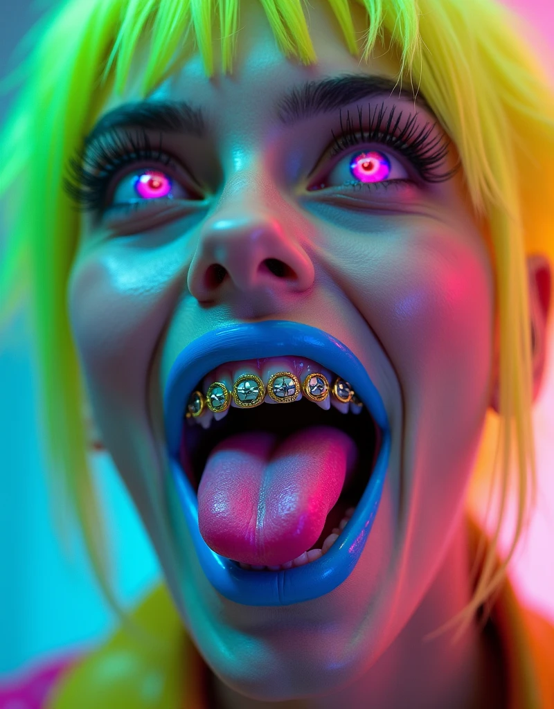 A dirty evidence image((A hyper-realistic close-up portrait of a tattooed girl with MS18 symbols etched into her face and worms))-evoking a mix of repugnancy and horror. ((open mouth:1.235)), She is a alopécica blonde with messy ponytails, Her face is sweaty(with very pale and wet skin, Saliva is dropping). Slime snails. nose mucus, very dirty pale skin. larvas sourronded slime snails

((open mouth-revealing crooked, shark-like teeth-Saliva drips with nasty worms:1.4237)). due to infection with the bacteria Neisseria gonorrhoeae

(Around her face a disembodied hands are positioned in strange, unnatural poses—some gently touching her cheeks, others stretching her eyelids or pressing against her lips. One of the hands wields a knife, adding a threatening undertone to the image:1.27). CHOLO girl dressed.

((A green glowing slime oozes over her body and across the entire picture)), long dirty nails


The photograph is set against a dim, neon-lit background, where halftone patterns and neon lights create a vibrant yet creepy atmosphere. ((The color scheme consists of cool tones of black/pink, with hints of muted glowing green/gold))-that blend the figure with an eerie forest-like surrounding. 