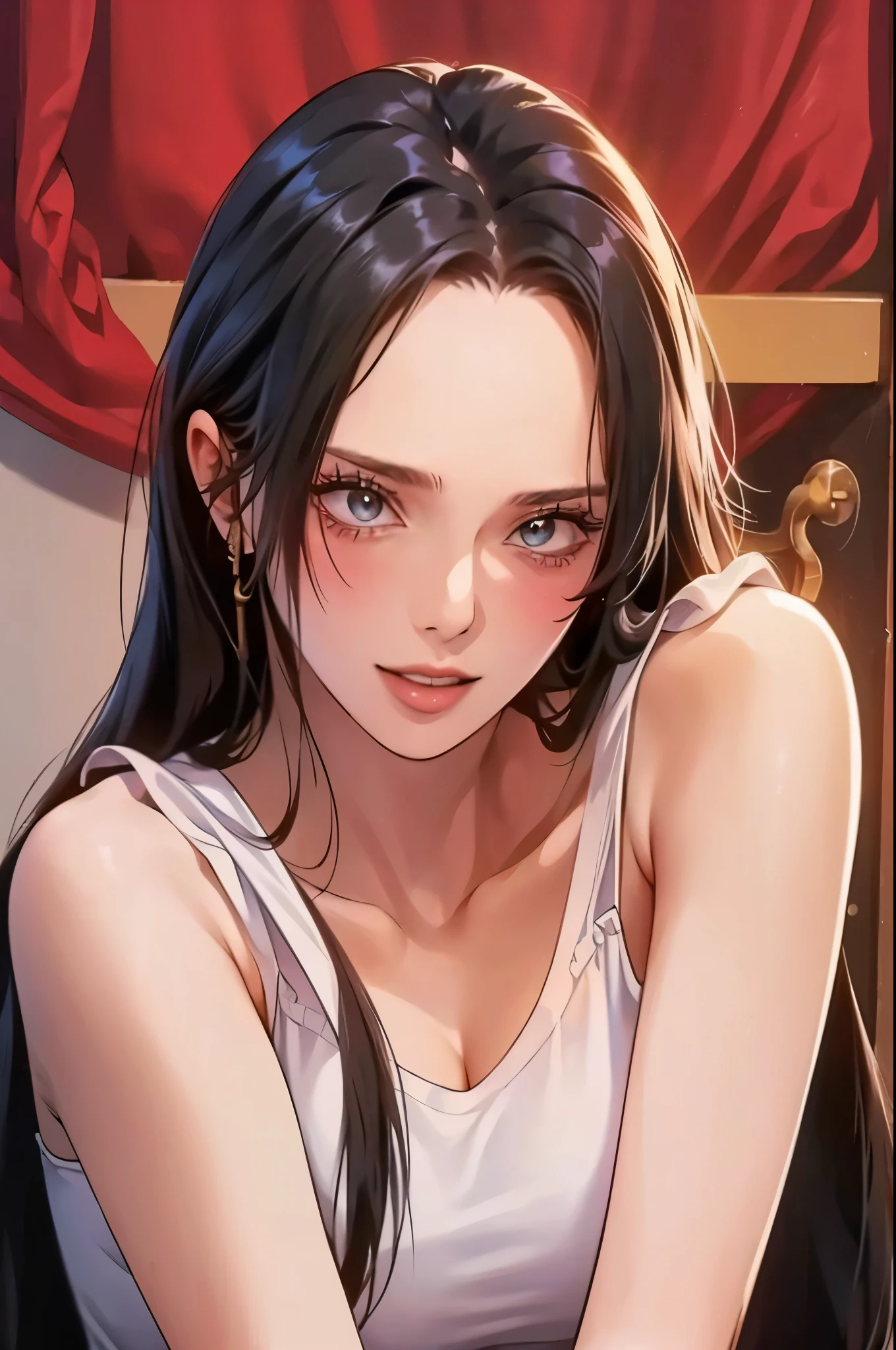 best quality, masterpiece, highly detailed,1girl, Boa Hancock, , (masterpiece:1.5), Detailed Photo, Smiling, Sexy, (8K, Best Quality: 1.4), (1girl), Beautiful Face, (anime realistic Face), (Black Hair, long Hair: 1.3), Beautiful Hairstyle, Realistic eyes, beautiful detail eyes, (white skin), beautiful skin, absurd, attractive, ultra high resolution, ultra realistic, high definition, golden ratio, (sexually aroused:1.5), Pinkish white skin, cool white light, sexy pose, Beautiful , white background, pink soft white light, Wear a white tank top