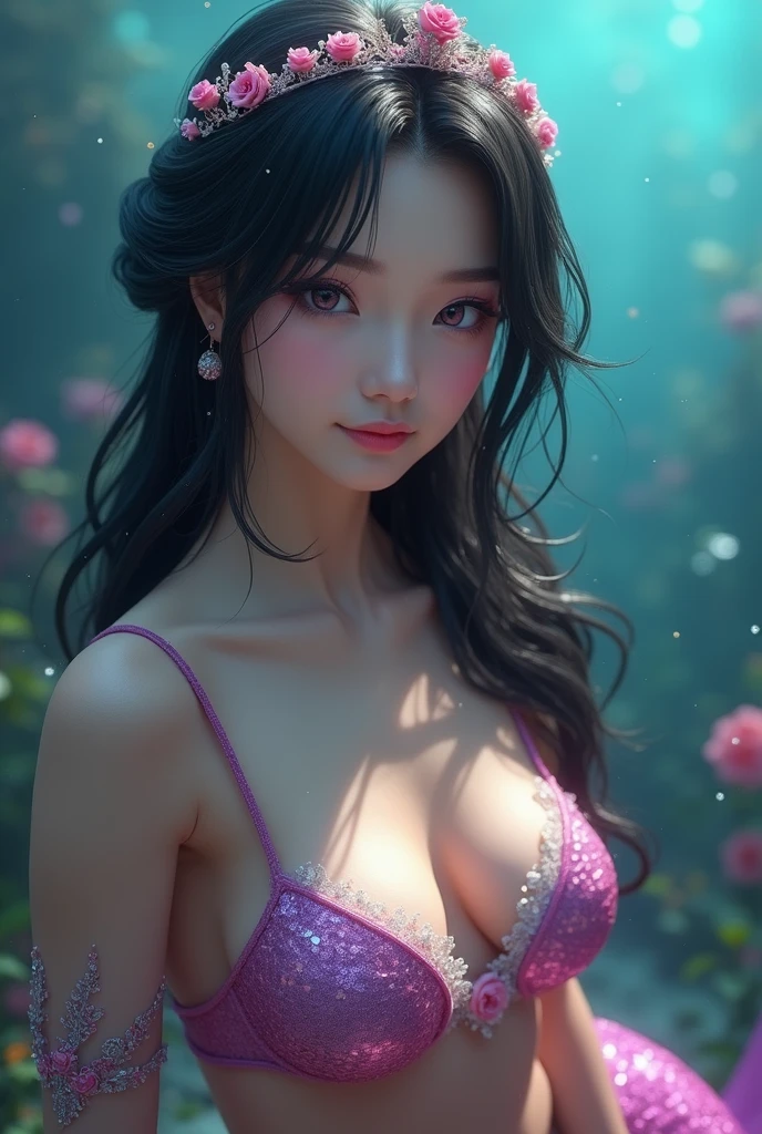 (Very fine and beautiful), (Very detailed CG unity 8K wallpaper), (Beautiful and detailed eye description), (ultra detailed, masterpiece), cinematic lighting, detailed background, 1female, Woman, MILF, solo, (Background: pond with lotus flowers, she is underwater), She has long black hair with purple streaks, bangs, (masterpiece), beautiful detailed eyes, Bright pupils, aqua eyes, cherry-red lips, sexy, frontage, (Wearing: black swim suit）