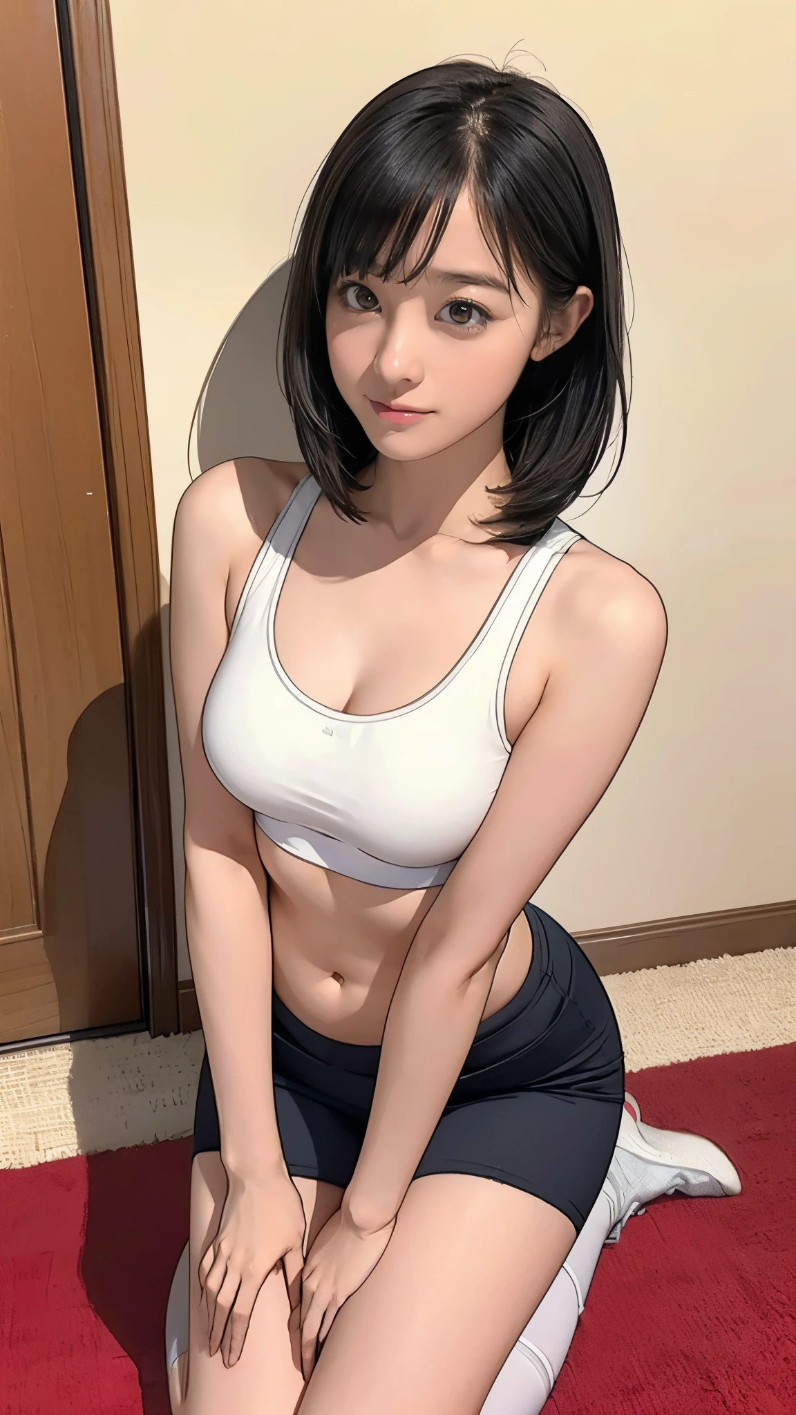 (((Highly detailed CG unit 8k wallpaper:1.2, masterpiece, High resolution:1.2, highest quality:1.2, table top))), ((very beautiful woman, A sports bra that makes your belly button look beautiful:1.5)), ((highly detailed face, Highly detailed black eyes, extra detailed body, highest qualityのリアルテクスチャスキン)), (black haired:1.2, short bob hair:1.2, white skin, smile), ((Alley without people, Mileland, school classroom:1.2)), (high angle:1.2, close, Fisheye:1.2), surreal, digital paint,
