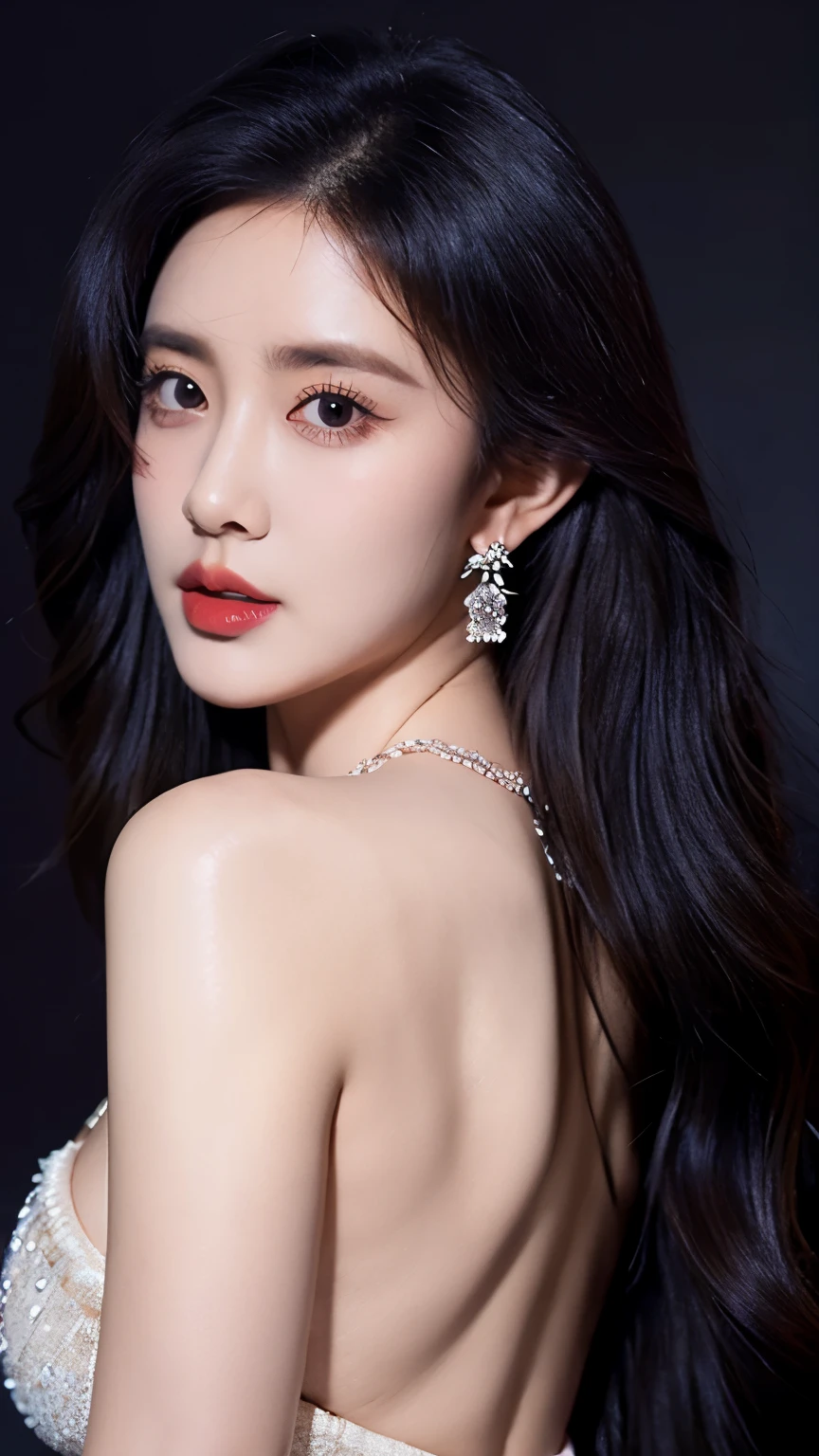 Ultra HD resolution,earrings,Long hair,Black background,Purple backless dress,necklace,H Cup,Showing cleavage,Show more breasts,Amazing breast size,nipple,Expose the areola,Breast enlargement,Smooth and beautiful back,Completely bare back,Cool white skin,Big buttocks,Messy hair,Messy hair,Ruddy complexion,sweater