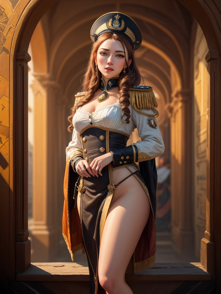 She is Admiral from naval army, century XIX, ((Best quality)), ((masterpiece)), (highly detailed:1.3), Depth-of-field, Multi-layered textures, HDR (High Dynamic Range), Ray Tracing, NVIDIA RTX, Unreal 5, Subsurface scattering, PBR Texturing, Post-processing, Anisotropic Filtering, Maximum clarity and sharpness, Wide aperture, Low ISO, White balance, Rule of thirds, 8K RAW, art, neoclassical painting, mural, Venetian painting style, oil painting, steampunk style,